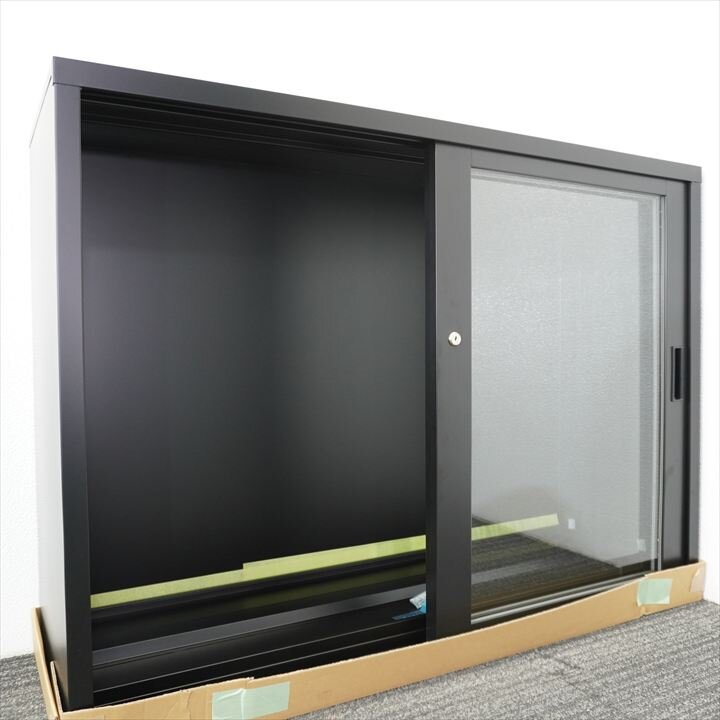 ホウコク工業 ガラス引戸書庫 ブラック W1200 D400 H880