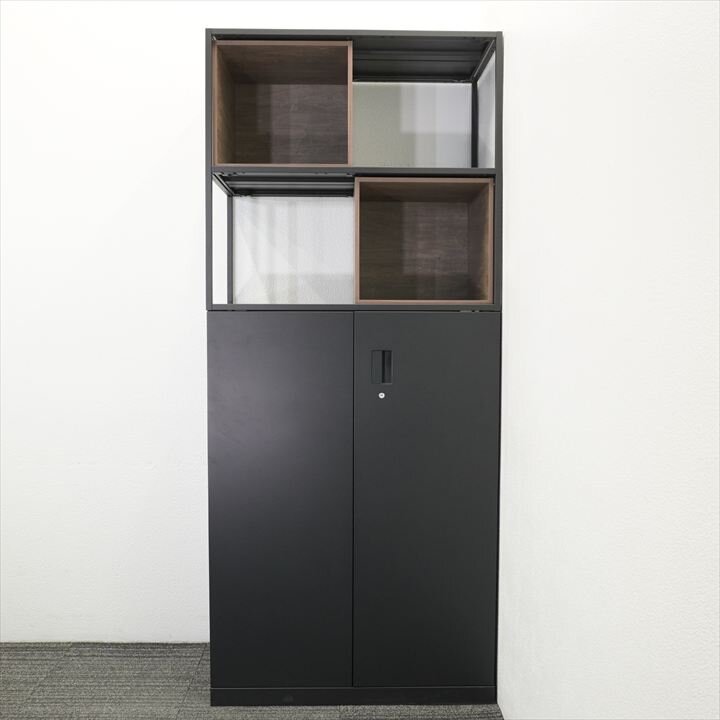 イトーキ エス 両開き書庫+ ノットワーク システム収納上フレーム／木製ボックス×2 H2100 ブラック