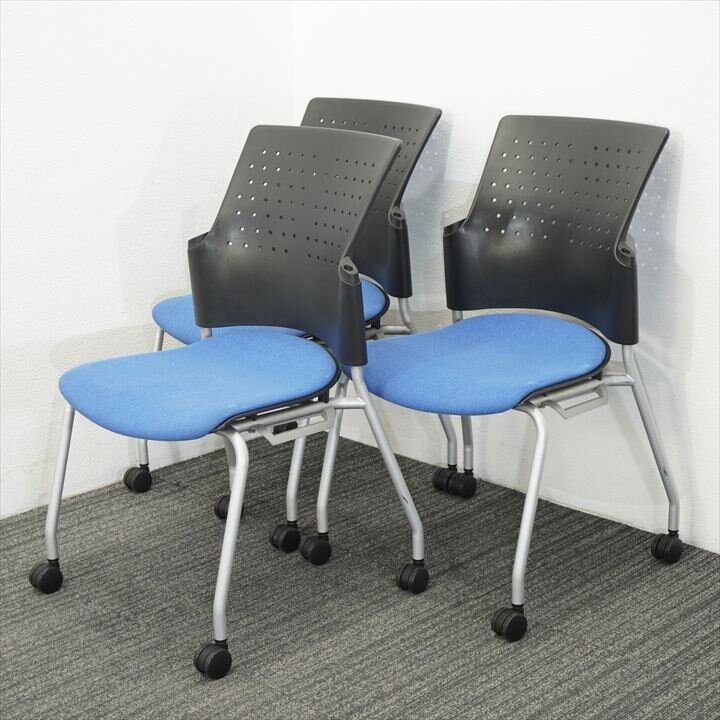 プラス チェダー ミーティングチェアー ブルー ３脚セット 特価品