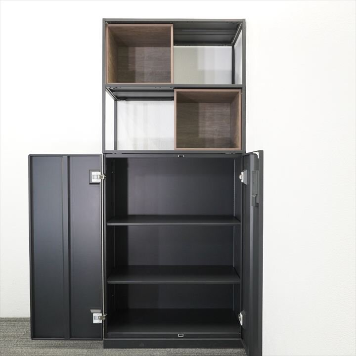 イトーキ エス 両開き書庫+ ノットワーク システム収納上フレーム／木製ボックス×2 H2100 ブラック
