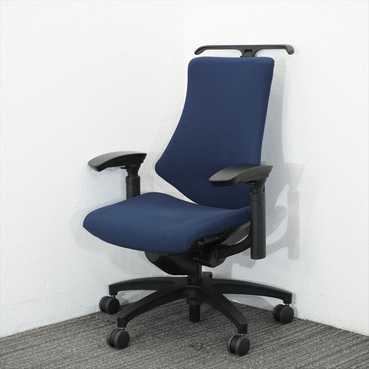 【2018年製】イトーキ エフチェア 可動肘 ハイバック クロスバック ハンガー付 ブラックシェル ネイビーブルー