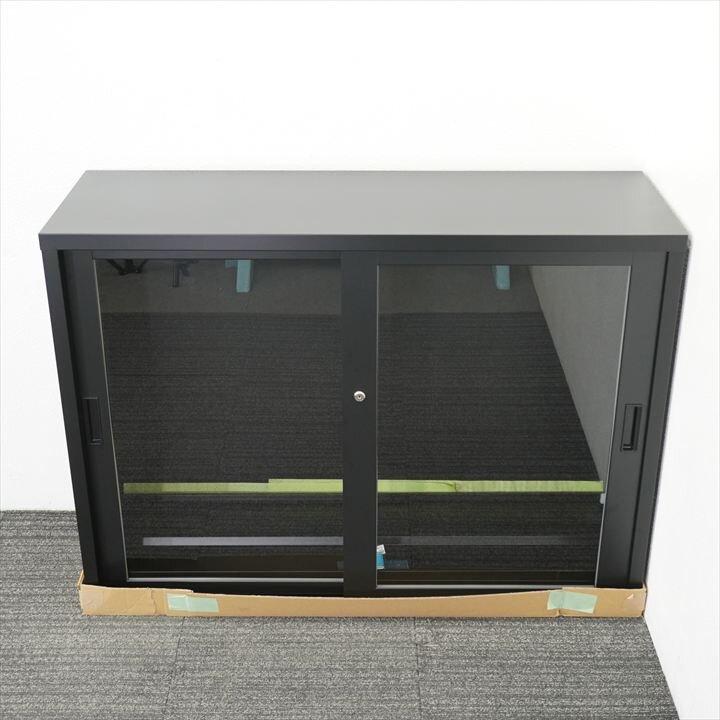 ホウコク工業 ガラス引戸書庫 ブラック W1200 D400 H880