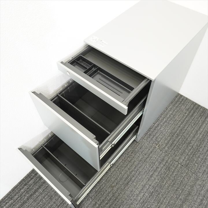 オカムラ プロユニット 3段ワゴン ペントレー サイド取手 H650 シルバー