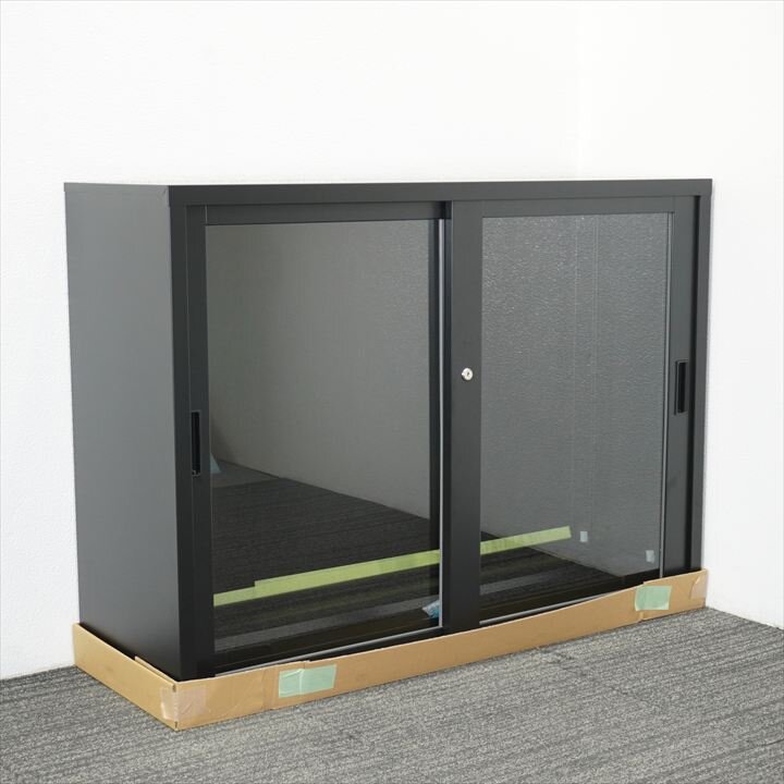 ホウコク工業 ガラス引戸書庫 ブラック W1200 D400 H880